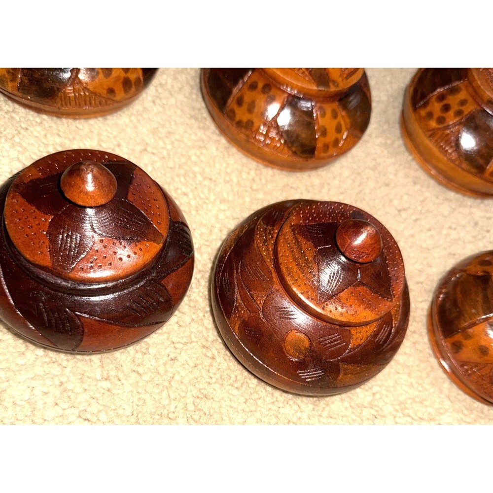 11 Hand Carved Round Wooden Trinket Box with Lids | Brown Tones Haiti